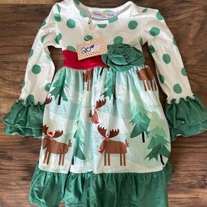 Opus Daisy Green Polka Dot and Reindeer Kids Casual Dress